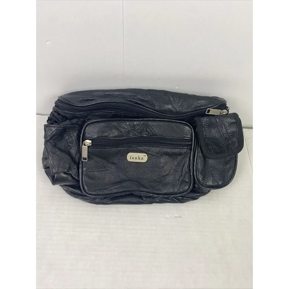 Vintage 90's Fanny Pack Waist Bag Black Faux Leather Unisex‎ Zippers ISAKA